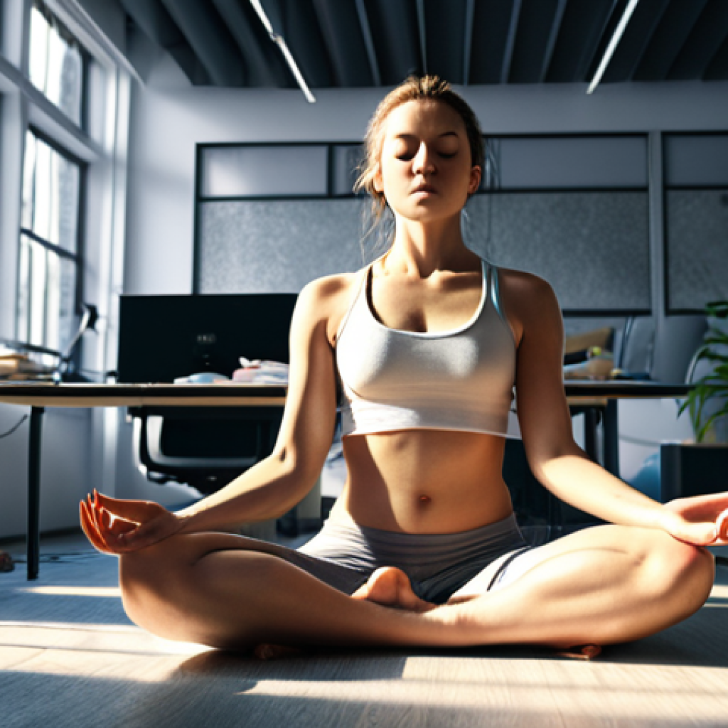 **

> Serene woman meditating in a chaotic, modern office space. Light streaming in, balanced composition.

**