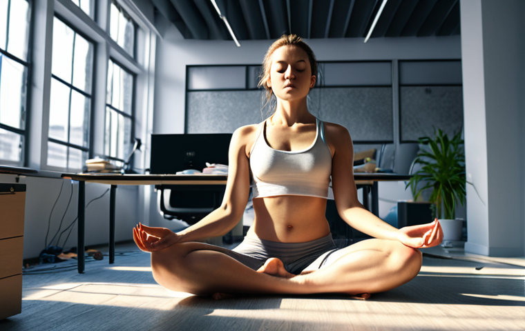 **

> Serene woman meditating in a chaotic, modern office space. Light streaming in, balanced composition.

**